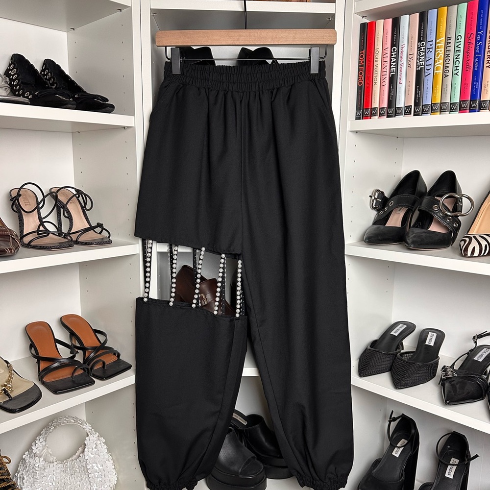 PtchWrk Chic Black Women's Joggers with Pearl Bead Accents